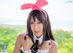 Iroha Tsubaki strips costume and masturbates shaved pussy