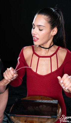 Lapiedra Apolonia on her knees giving handjobs and playing with cum
