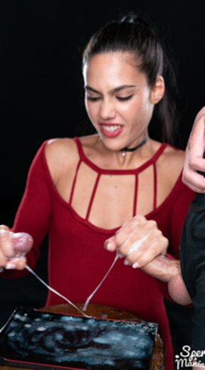 Lapiedra Apolonia on her knees giving handjobs and playing with cum